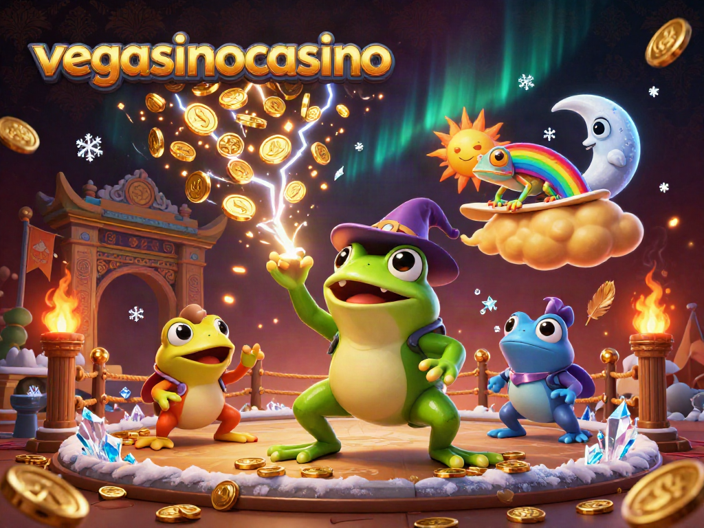 Experience the excitement at vegasinocasino with a vibrant illustration of a storm of coins and magical characters.