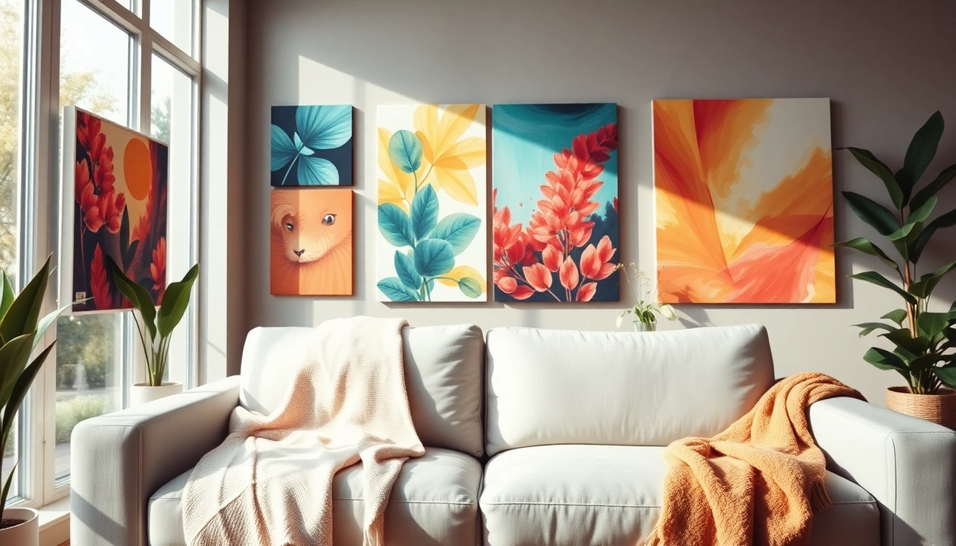 Vibrante leinwandbilder in einem modernen Wohnzimmer mit künstlerischen Akzenten.