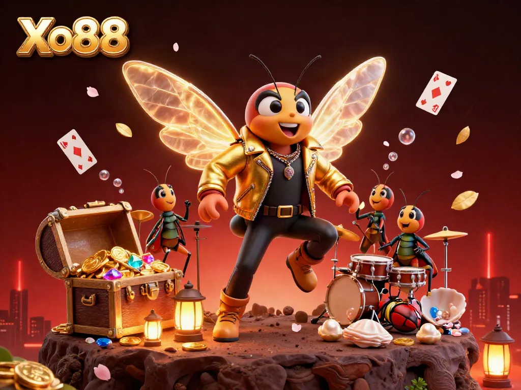 Xo88 features a vibrant 3D illustration of a cicada rock star in a casino setting, surrounded by gaming elements.