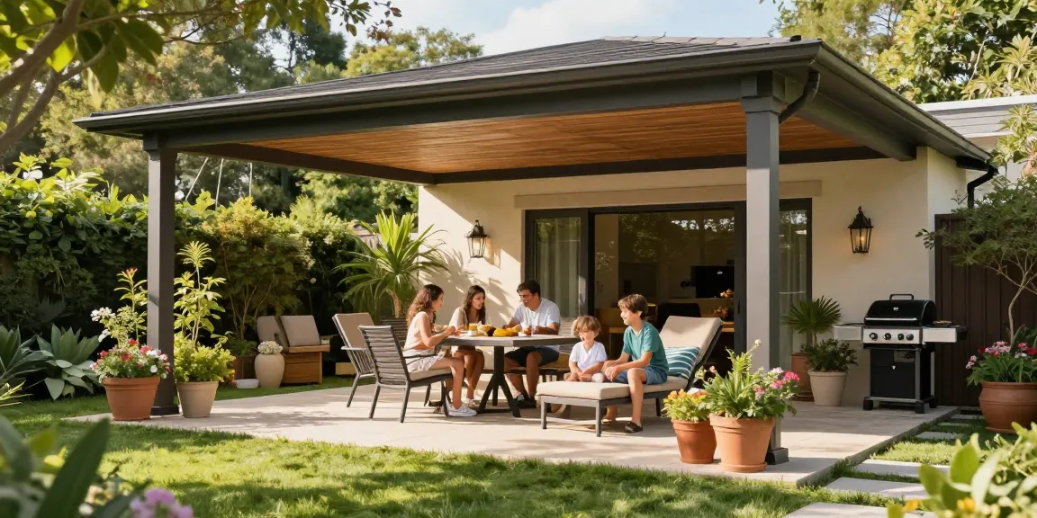 Terrassenüberdachung freistehend im Garten mit Familie beim Entspannen