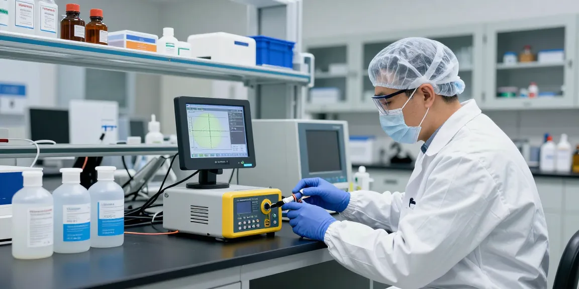 Blausäure Detektor Kalibrierung in modernem Laborumfeld mit Präzisionsinstrumenten und Echtzeitmessungen.