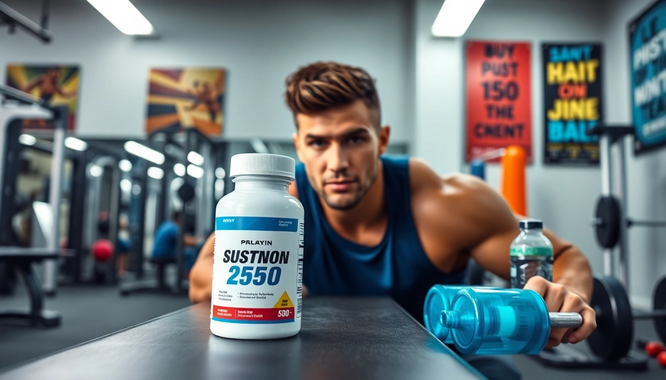 Sustanon 250 kaufen bottle showcased by a fitness enthusiast in an energetic gym environment.