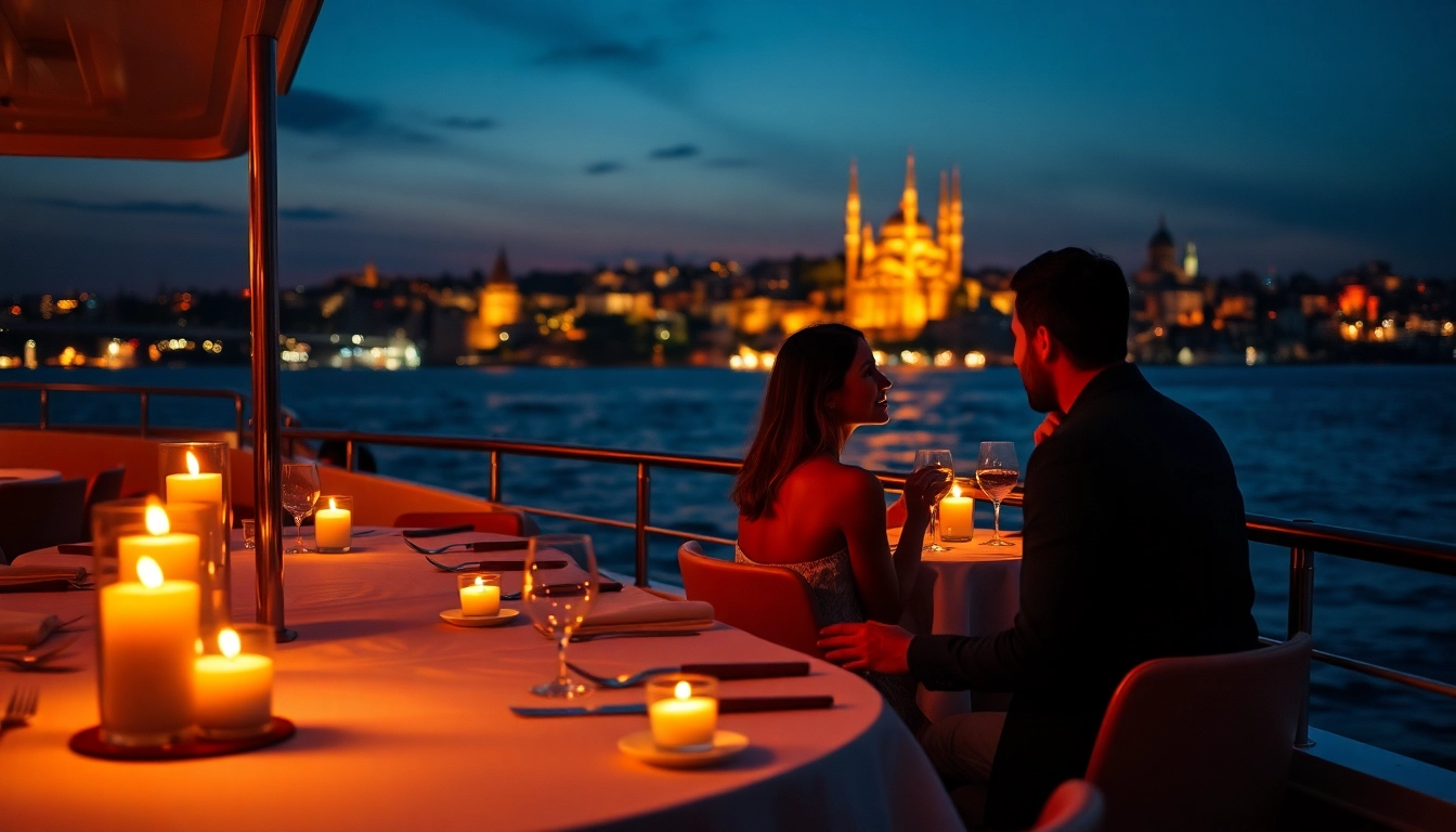 Bosphorus dinner cruise: A couple enjoying a romantic meal on a beautifully lit boat against the Istanbul skyline.