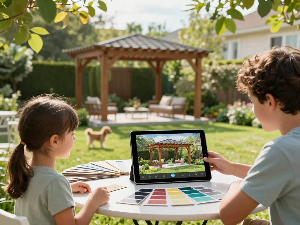 Familie nutzt den Pergola Konfigurator 3D in ihrem Garten, um eine individuelle Pergola zu erstellen.