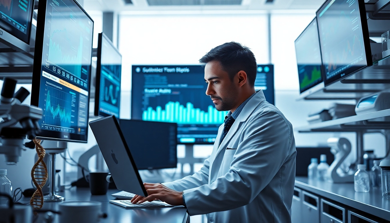 Digitale Loesungen im Labor mit Wissenschaftler, hochmoderne digitale Bildschirme und Ausruestung.