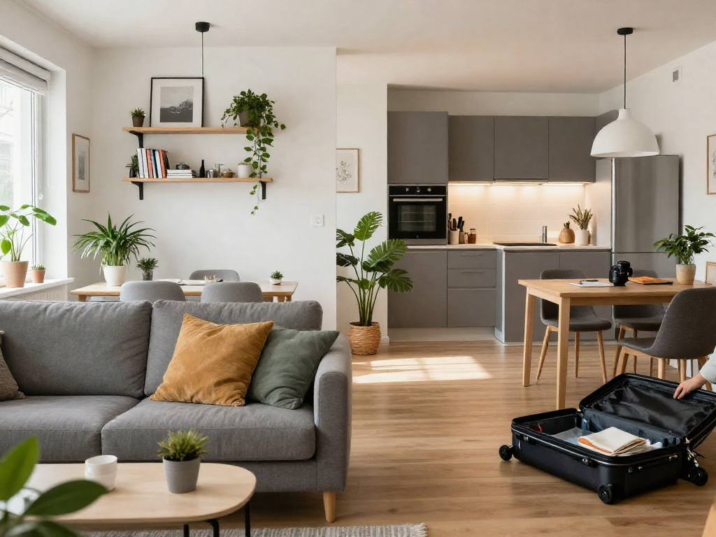 Moderne Monteurzimmer Hannover mit gemütlichem Ambiente und voll ausgestatteter Küche.
