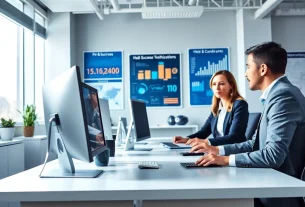 Headhunter IT consulting with clients in a modern office.