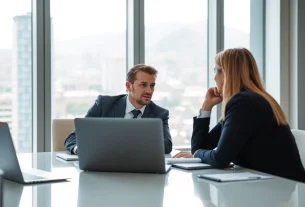 Headhunter Schweiz beratend in einem modernen Konferenzraum mit Stadtblick.