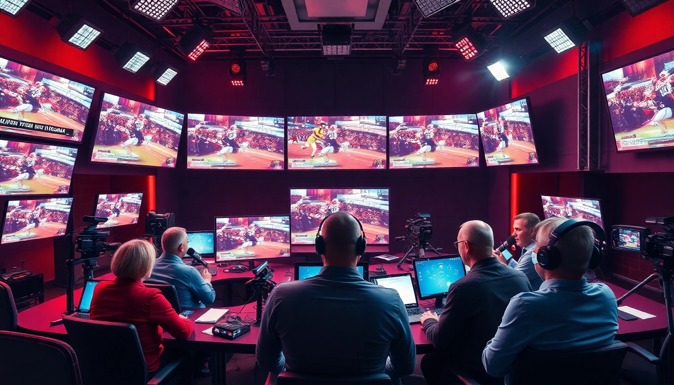 Engaging scene of a sports broadcasting studio, featuring dynamic reporters at work.