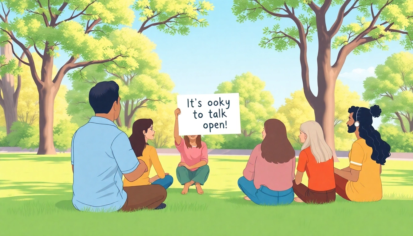 Engage in mental health awareness discussions with diverse individuals in a serene setting.