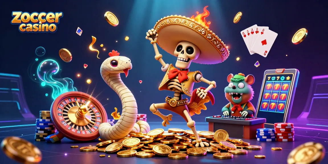 Experience the excitement of Zoccer Casino with a lively 3D scene of festive characters and casino elements.