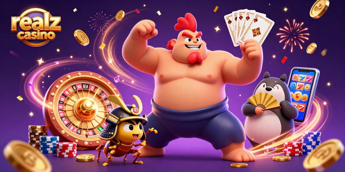 Engage in exciting gameplay at realz casino with dynamic scenes of sumo wrestling and vibrant casino elements.