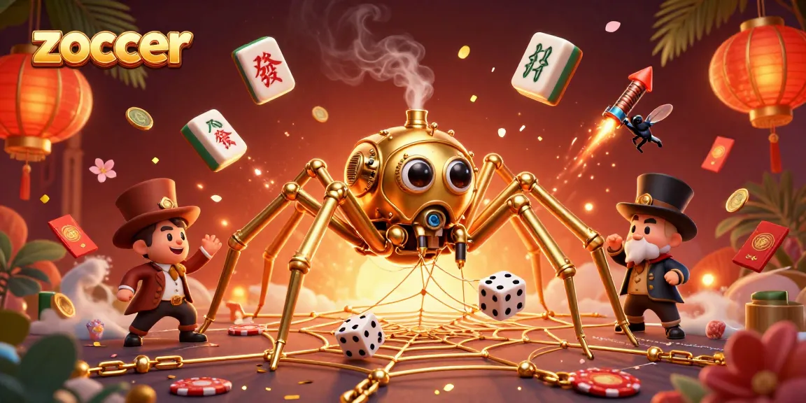 Zoccer entices players with a vibrant 3D casino scene featuring golden spider webs and Mahjong tiles