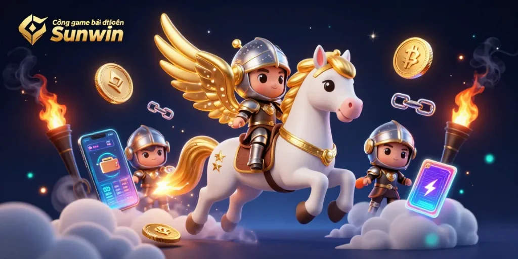 Cổng game bài đổi thưởng Sunwin showcases a celestial horse and knight amidst glowing crypto elements, symbolizing adventure.
