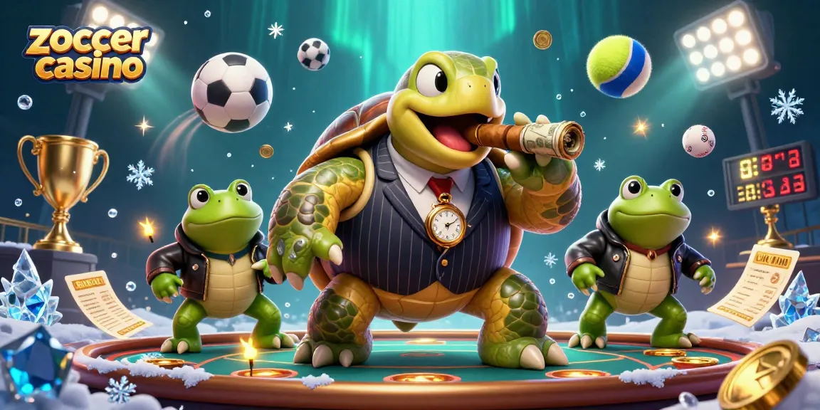 Zoccer Casino features a cartoon snapping turtle in a mobster suit with sports elements flying around.