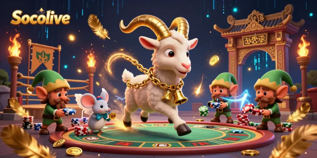 Socolive enhances the gaming experience with a festive gambling scene, featuring a Krampus goat and chaotic gremlins.