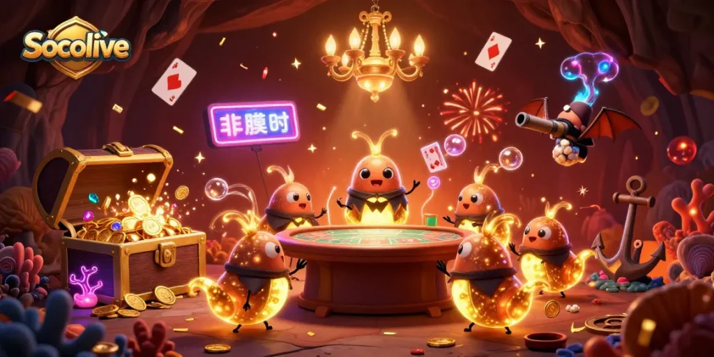 Socolive illuminates a vibrant cave casino environment, showcasing bioluminescent glowworms amidst gold coins and gaming elements.