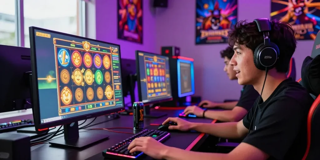 Excited gamer engaging with สล็อตเว็บตรง slot games on a high-tech gaming setup.