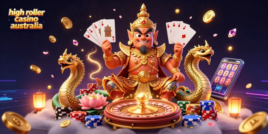 Engage in thrilling gameplay at high roller casino Australia, surrounded by vibrant casino elements.