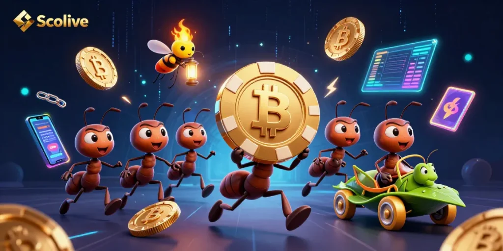 Socolive offers an exciting heist scene with animated ants and golden poker chips amidst vivid gambling graphics