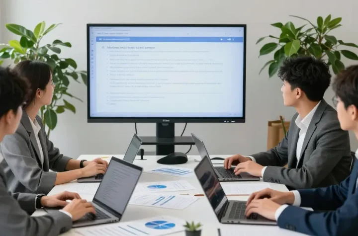 Bewertung von Führungskräften: Mitarbeiter analysieren anonymes Feedback zu chef ungerecht in moderner Büroumgebung.